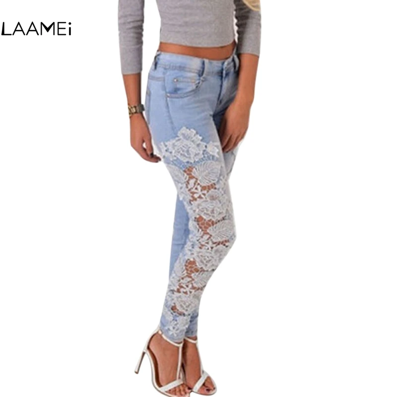 Фото Laamei 2018 женские джинсы Полная длина карандаш брюки белые боковые кружевные