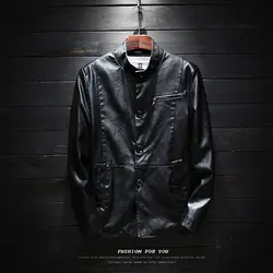 Осень для мужчин Кожаная Куртка Твердые черный воротник-стойка однобортный повседневное Slim Fit Мужская кожаная куртка мотоциклетная