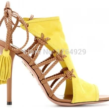 Женщины фирменное наименование желтый и коричневый кожаный лодыжки галстук сандалии выдалбливают босоножки летние сандалии сапоги загар шнурки украшенные сандалии