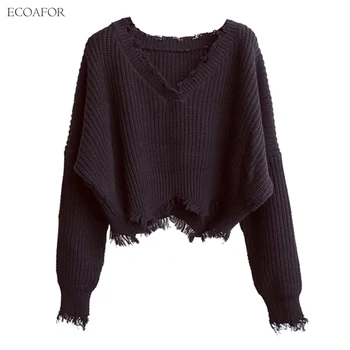 

Short Style V Neck Tassel Sweater Women Full Lantern Sleeve Pure Color Irregular Wave Hem Fringed Jumper Knit Oversized Sweater