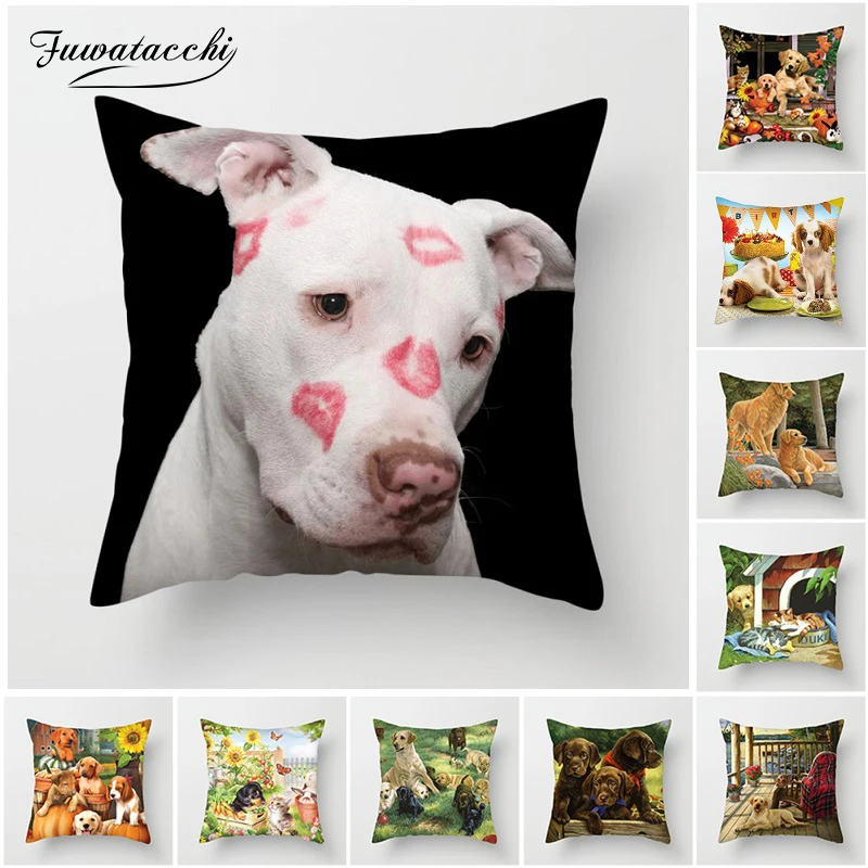 Fuwatacchi Cute Dogs Cushion Covers Dog Couple Pillow Covers for Home Sofa Decor Funny Flowers Manor Square Plush Pillowcases