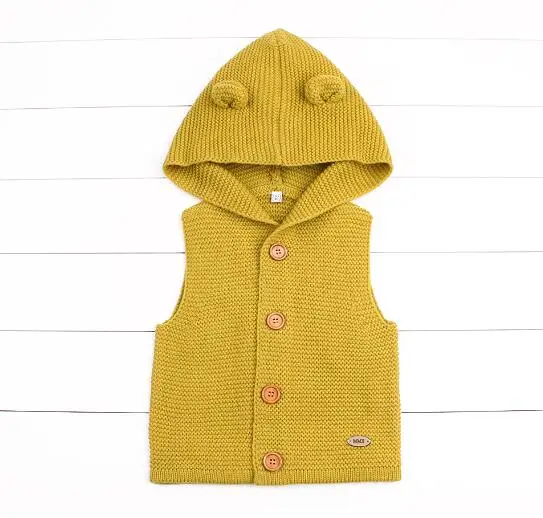 Свитера для маленьких мальчиков кардиганы для новорожденных девочек с изображением медведя из мультфильма акриловые трикотажные пальто унисекс детские куртки без рукавов с капюшоном - Цвет: yellow