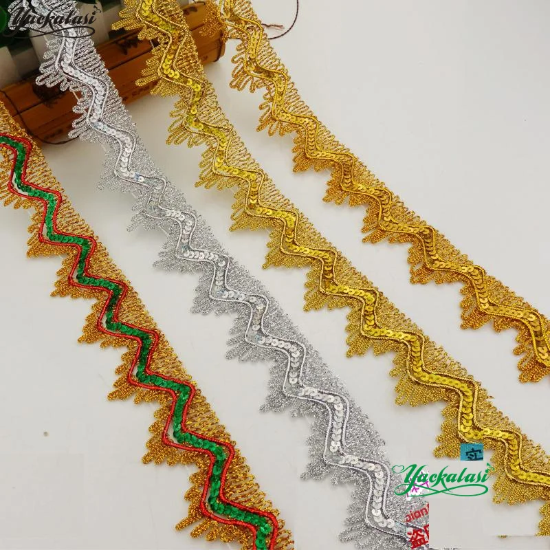 

Carnival Cosumes Ribbon Lace 12 Yds/Lot 3D Floral Lace Sequined Wave Crochet Gold Silver Braid Trims Gold Sewing Band 3.5cm
