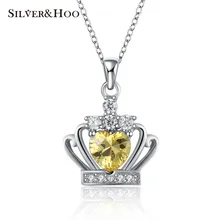 SILVERHOO 925 Sterling Silver Pendant Necklaces 2 colors High Quality Yellow Crystal Crown Necklace Fine Jewelry for Women