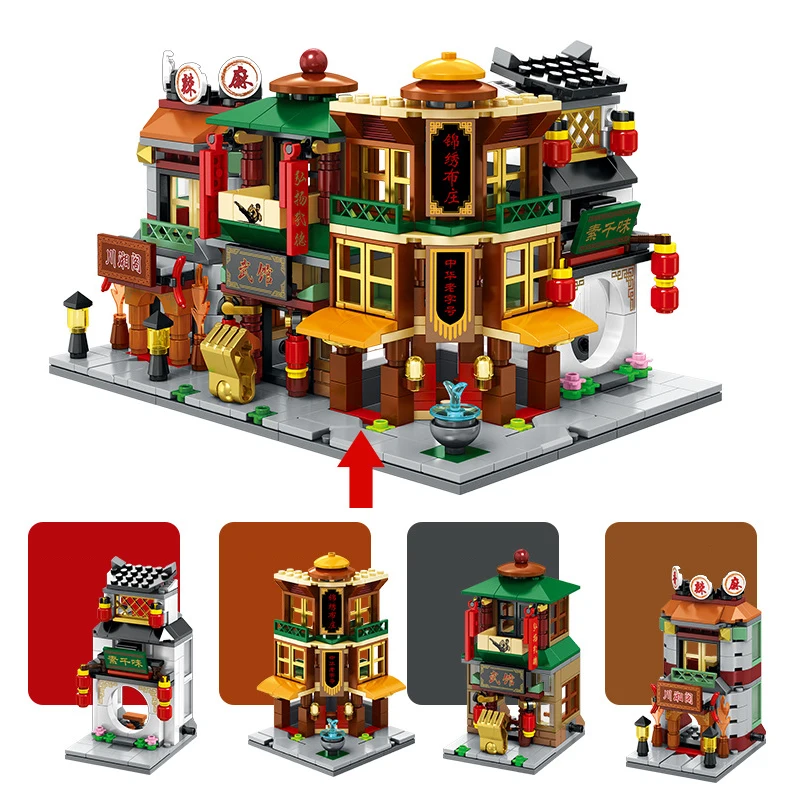 

4 in 1 Mini Street View Building Blocks Chinatown Shop Compatible Legoing Duplo Brick Kids Education Toy For Children Gifts