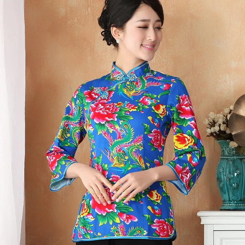 

New Arrival Chinese Style Blue Cotton Linen Female Tang Suit Tops Blouse Traditional Three Quarter Shirt Size M TO 3XL 2362-2