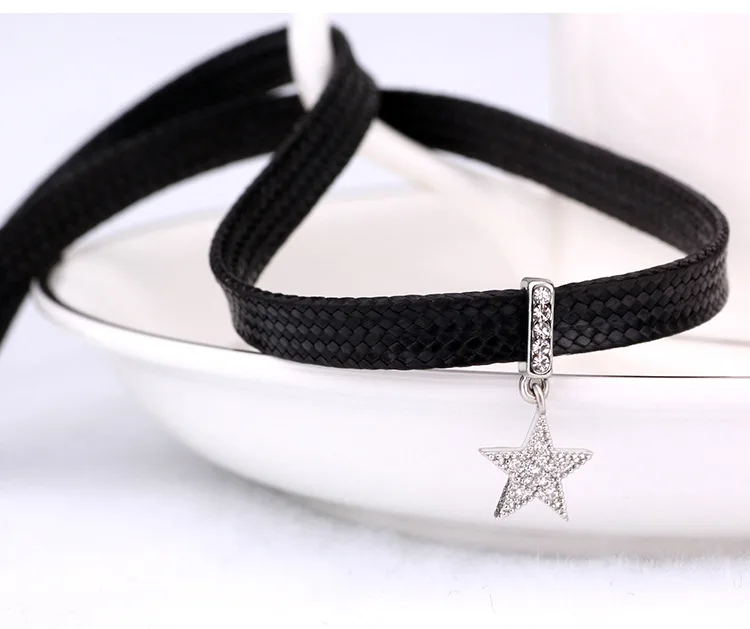 

Simple CZ Rhinestone Star Pendant Necklace Black Leather Rope Chain Chokers Necklaces Vintage Jewelry for Women Collier Femme