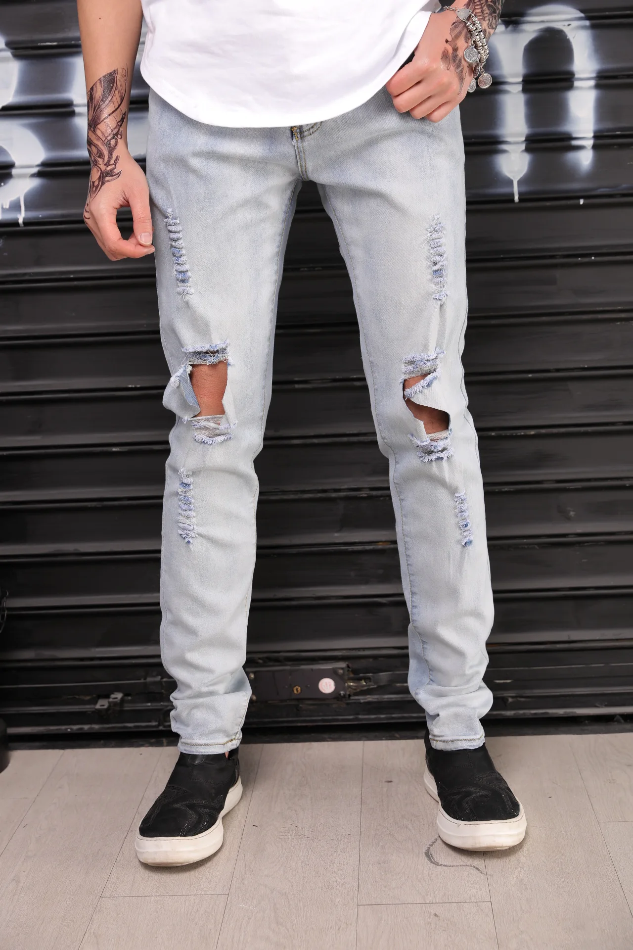 2019 сезон: весна-лето Новая мода повседневное стрейч обтягивающие джинсы для мужчин рваные хип хоп Slim Fit твердые цветные штаны