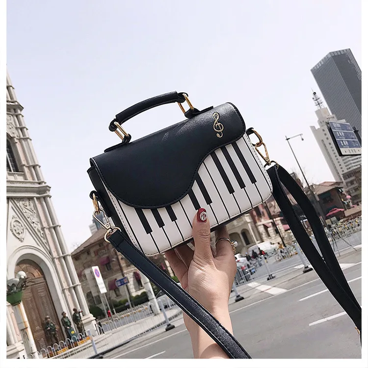 Music Topic Piano Keyboard Musical Instruments PU Leather Bag Hand Bag Shopping Bag With Strap Metal Zipper Hook