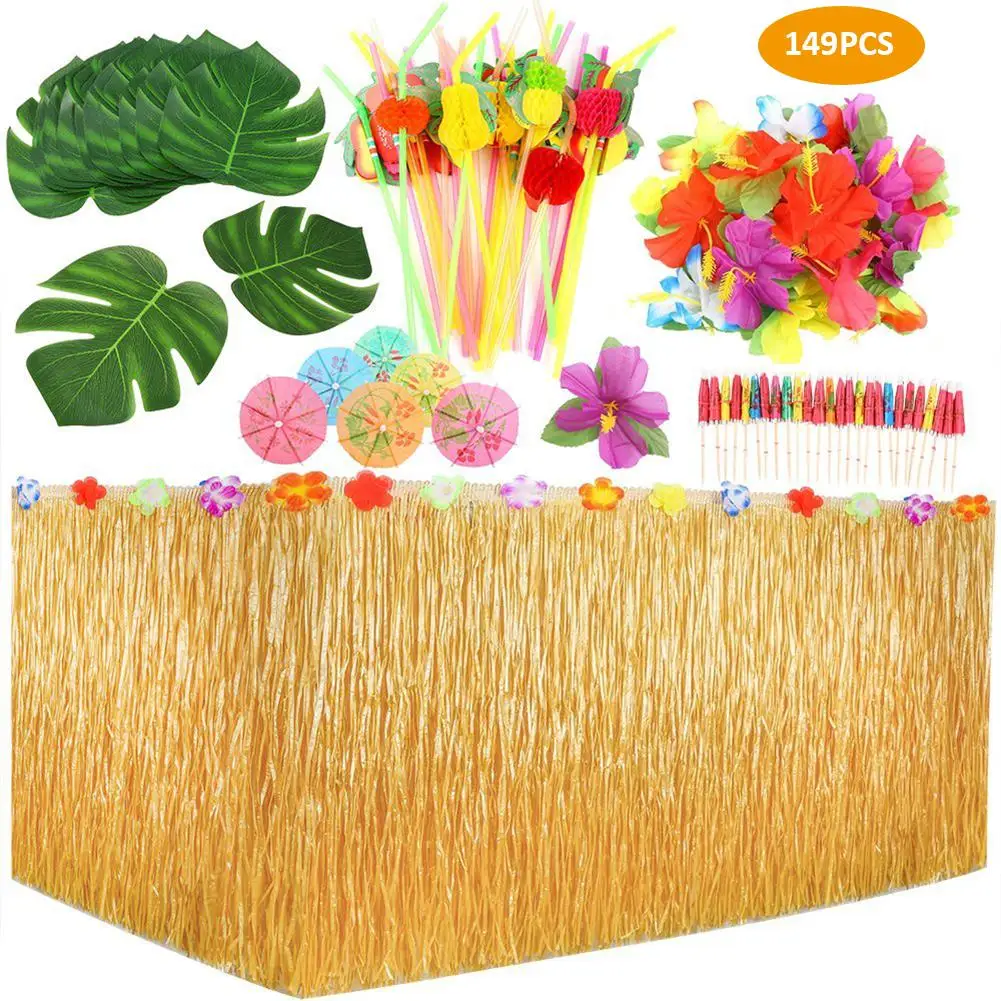

149pcs Tropical Party Decoration Set with 9 Feet Table Skirt Palm Leaves Umbrellas and 3D Fruit Straws for Hawaiian Luau Party