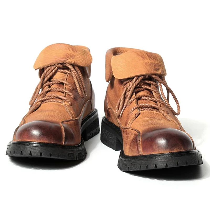 Супер рекомендую! Мужские ботинки из натуральной кожи с круглым носком на шнуровке; деловые мужские теплые плюшевые зимние ботинки; повседневные зимние ботинки - Цвет: Tan plush