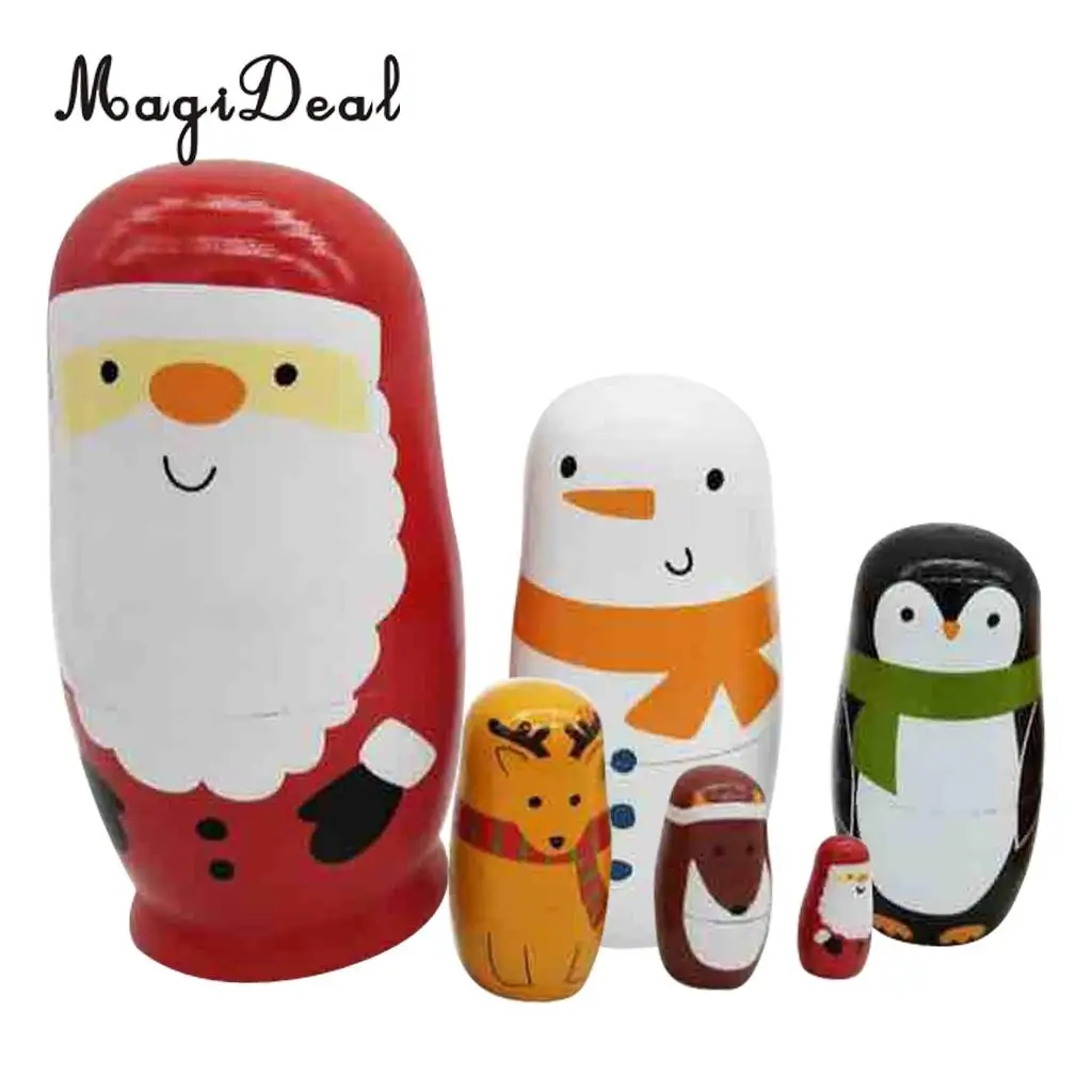 6Pcs Wooden Russian Nesting Dolls Handmade Lovely Toys Cute Santa Claus Matryoshka Cartoon Pattern Dolls Christmas Gifts