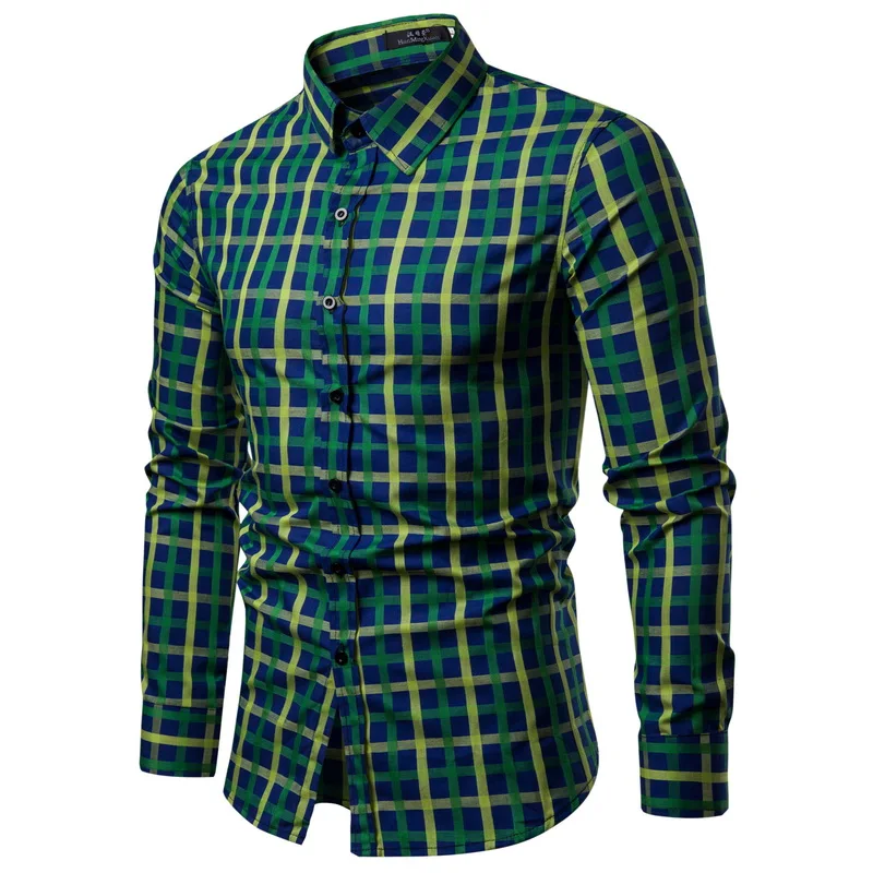 WSGYJ мужская клетчатая рубашка с длинным рукавом, хлопковые рубашки, модная повседневная клетчатая рубашка, мужская одежда - Цвет: Green Yellow Blue