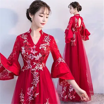 

Flower Embroidered Long Elegant Red Evening Dress Flare Sleeves Slim A Line V Neck Prom Dress Formal Wedding Party Dresses