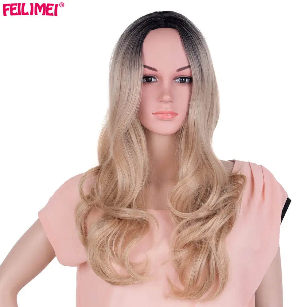 Feilimei Омбре коричневый парик Синтетические длинные завитые женские волосы для наращивания 60 см 300 г Черный Серый Фиолетовый блонд цветные парики для косплея - Цвет: T1B/красный
