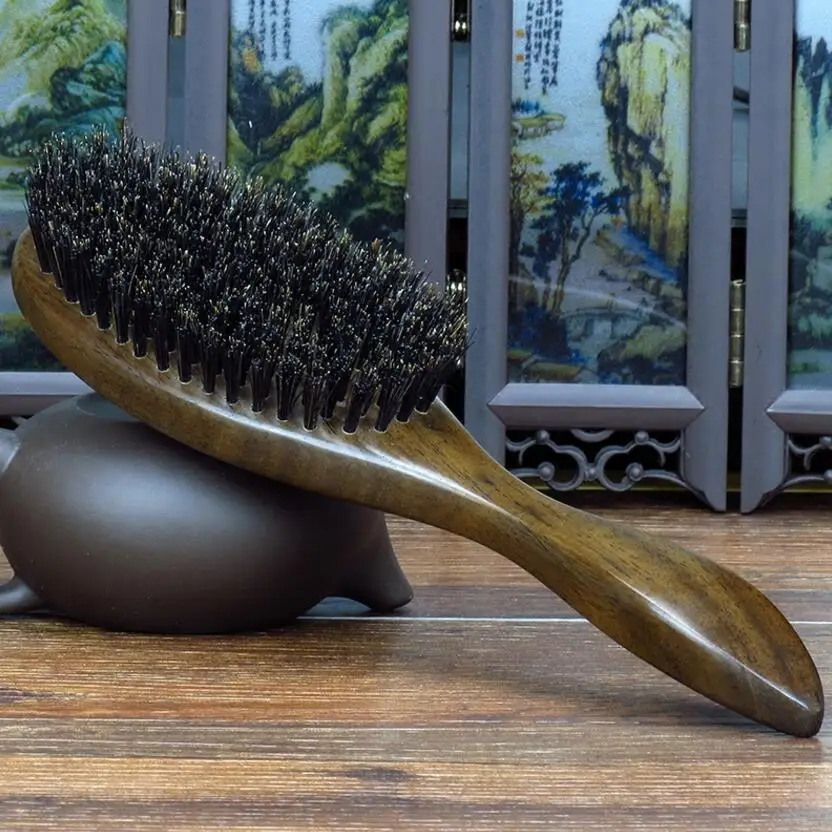 Natural Sandalwood Fine Comb Anti-Static Care Brush head Natural Wild Boar Bristles Hair Brush Green Sandalwood Hair D50