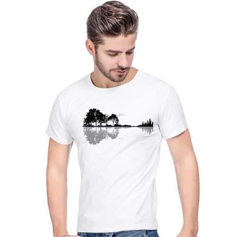 

No glue feeling Print Fun Nature Guitar T Shirt Men Fashion Summer O-Neck White Short Sleeve Top T-Shirt Homme