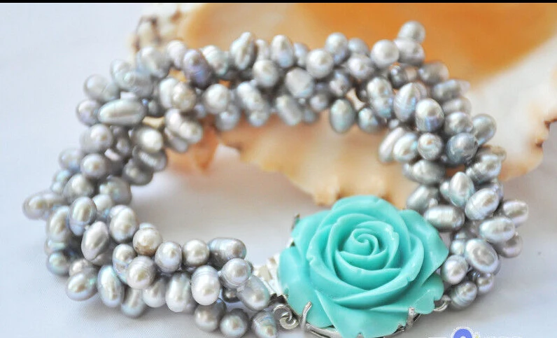 

hot sale FREE SHIPPING ******P5192 4row 8" gray rice freshwater pearl bracelet blue flower