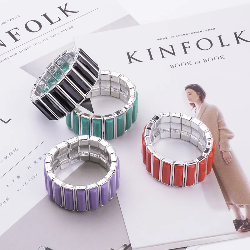 Vintage Resin Silver Cuff Bracelets Bangles for Women Fashion Stretch Geometric Metal Acrylic Wide Bracelet Simple Charm Jewelry (5)