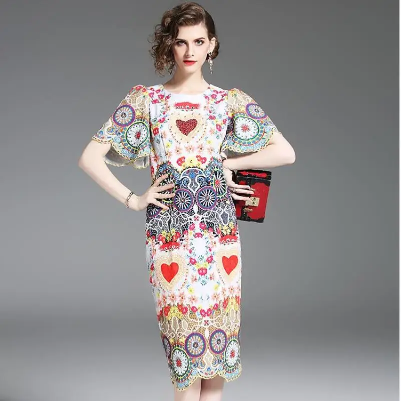 2018 Summer Runway Designer Women Luxury Crystal Diamonds Floral Print Retro Long Dress Vintage Bodycon Pencil Party Dresses