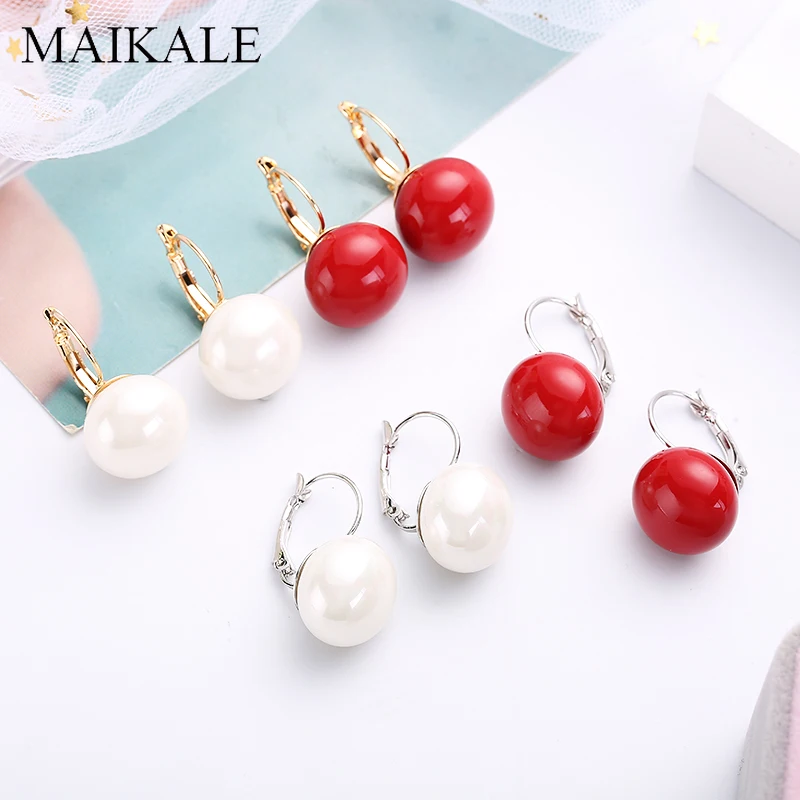 

MAIKALE Simple White Red Pearl Earrings Gold Silver Color Big Ball Earrings with Pearl Drop Earrings for Women Girl Jewelry Gift