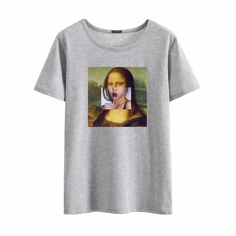 Mona Lisa повседневные модные летние женские Топы Ulzzang с коротким рукавом, свободные, Харадзюку, рисунок с героями мультфильмов, большой размер, хип-хоп рубашка
