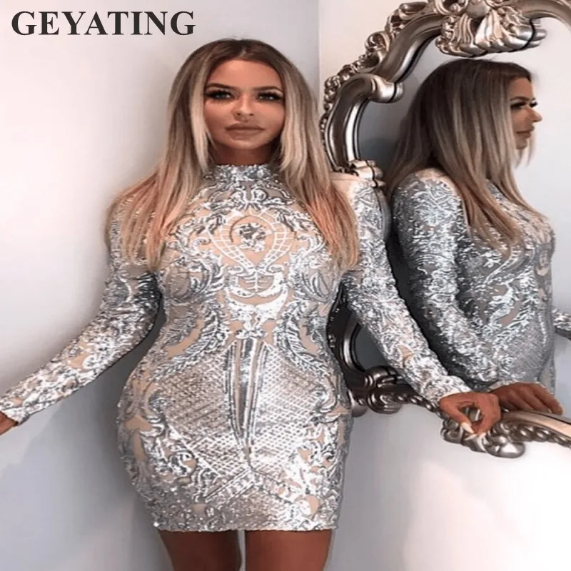

2019 Silver Sequined Short Cocktail Dresses Long Sleeves High Neck Sheath Mini Club Party Dress Bodycon Elegant Formal Gowns