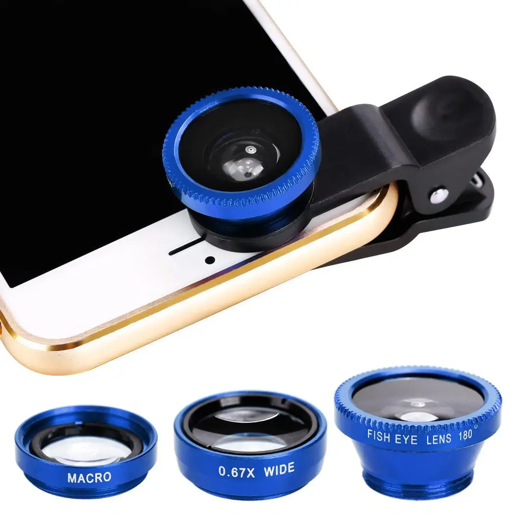 3-в-1 Широкий формат макро Объективы для телефона типа «рыбий глаз» Камера Наборы рыбы глазные линзы с 0.67x зажим для iPhone samsung сотовый телефон - Цвет: blue