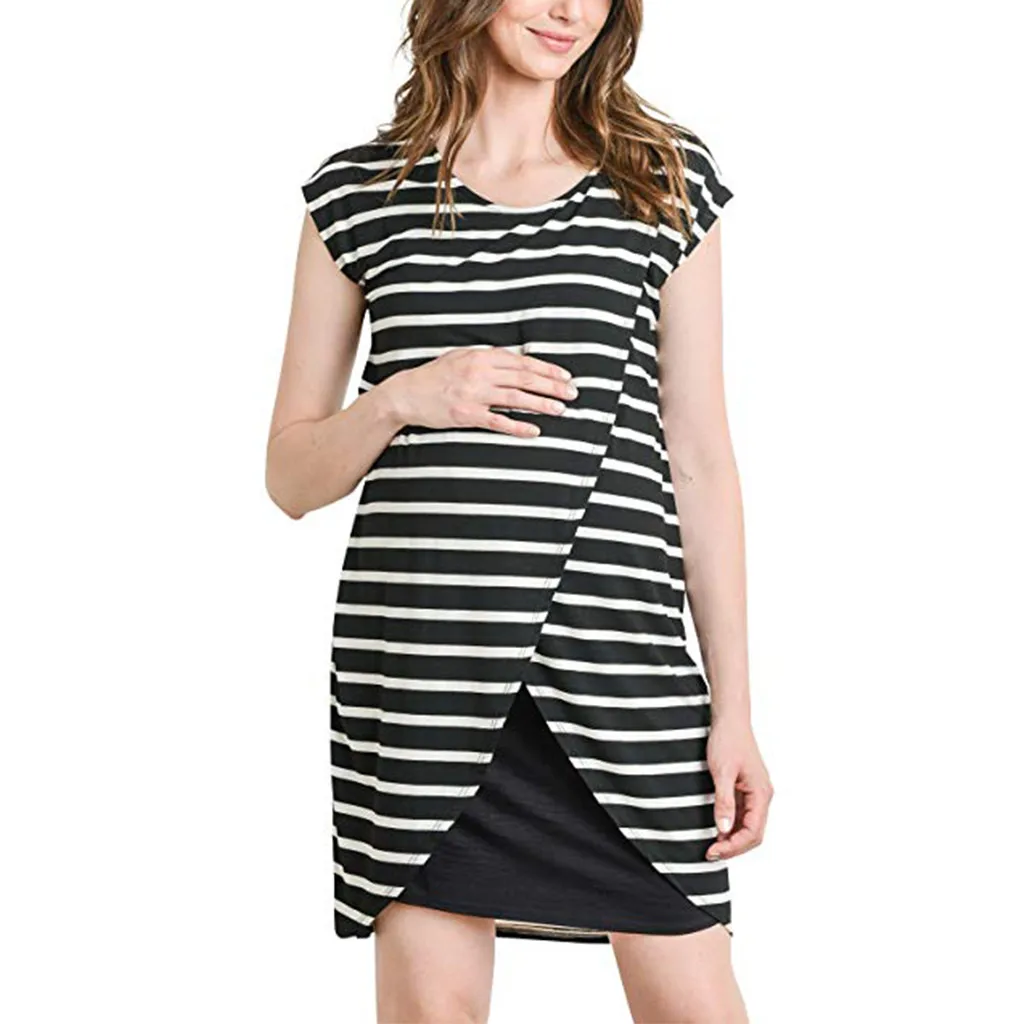 

Women Maternity Dress Fashion Sleeveless Striped Print Breastfeeding v-neck Sundress Casual Pregnancy Dresses maternity