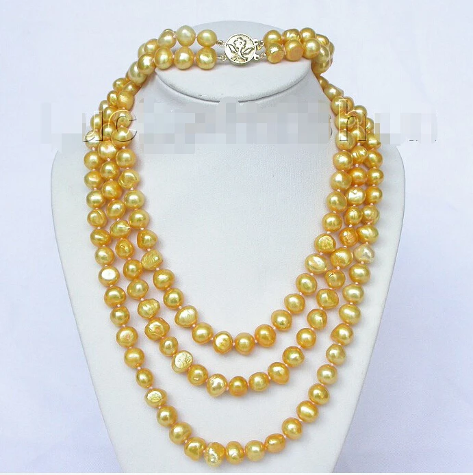 

fast shipping>>length 49" 8-9mm baroque yellow golden pearls necklace 2row bracelet set j8457