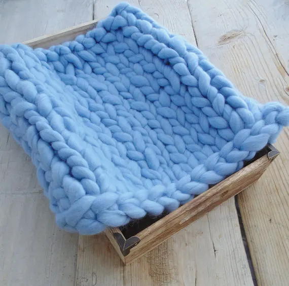 

Sky Blue Giant Handspun Mini Blanket Organic Wool Hand Knitted Photo Prop Layering Blanket