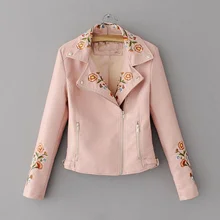 Женская одежда Осень зима искусственная кожа вышивка куртка на молнии отложным воротником тонкий мотоциклетное пальто