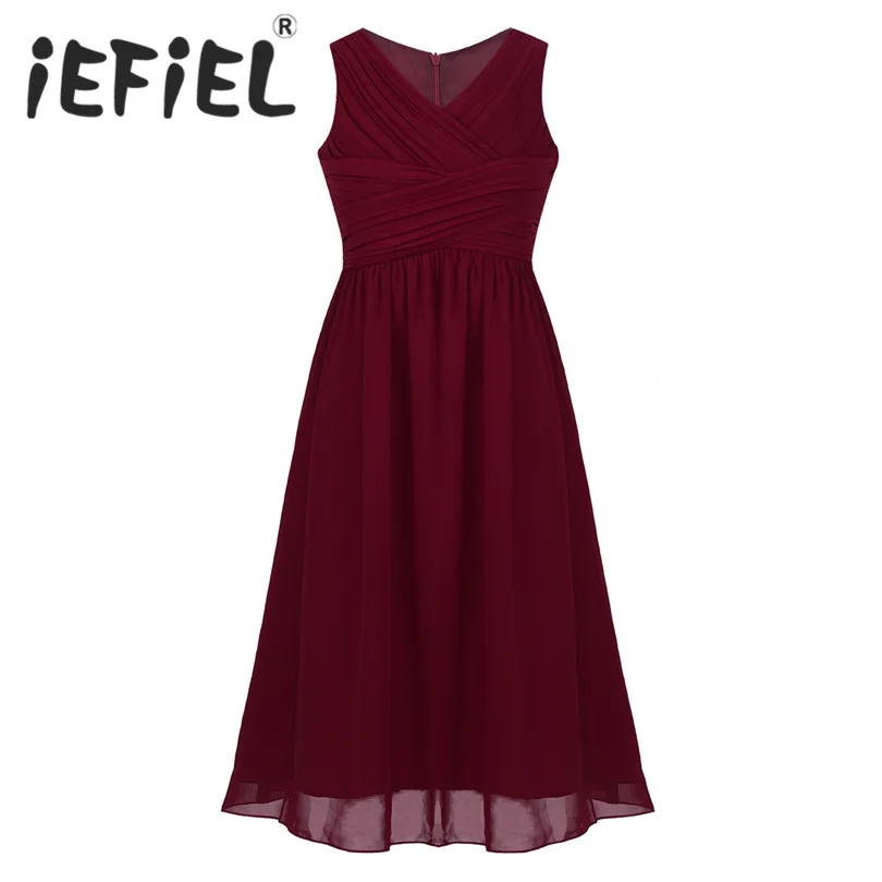 

iEFiEL Girls Chiffon Sleeveless V-neckline Flower Girl Dress Princess Pageant Wedding Bridesmaid Birthday Party Summer Dress