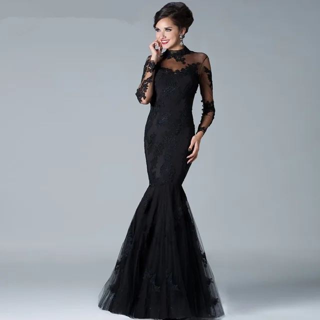 Aliexpress Elegant Long Sleeve Lace Mermaid High Neck Elegant Long Sleeve Lace Mermaid High Neck Wedding Black Dress