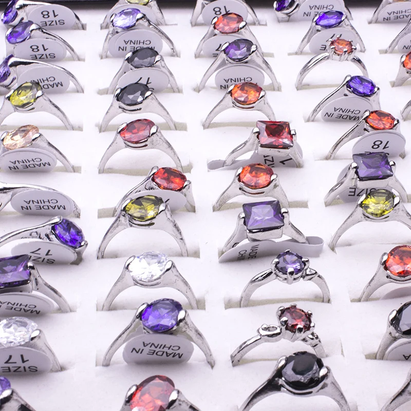 

New 20 Pcs/lot Wholesale Mixed Colorful CZ Crystal Rhinestone Women Rings Elegant Party Wedding Jewelry Bulks Lots