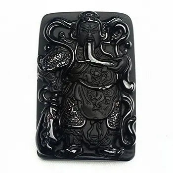 

Koraba Fine Jewelry Hand Carved Natural Obsidian Dragon Guan Gong Guan yu warrior Pendant Necklace Free Shipping