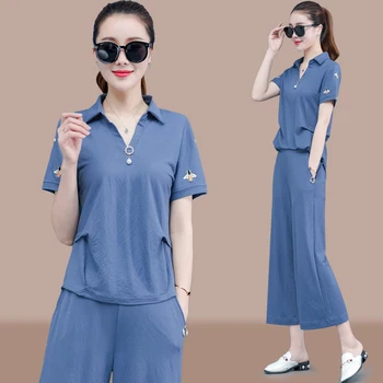 

Leisure Suit Women Loose Short-Sleeved Top Blouse & Wide Pants Summer Two-Piece Clothing Set Casual Clothes Shirt Trousers