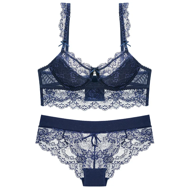 

Sexy B C D Cup Women Bra Set Lace Hollow Underwear Panty Set Solid 4 Color Push Up Bra Brief Set Big Size