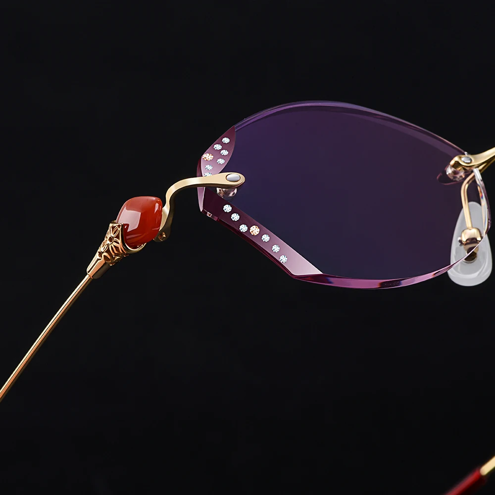 Gmei оптический Стильный золотой чистый титан для женщин Алмазная оправа без оправы очки с градиентом тонированные Плано линзы Q26008