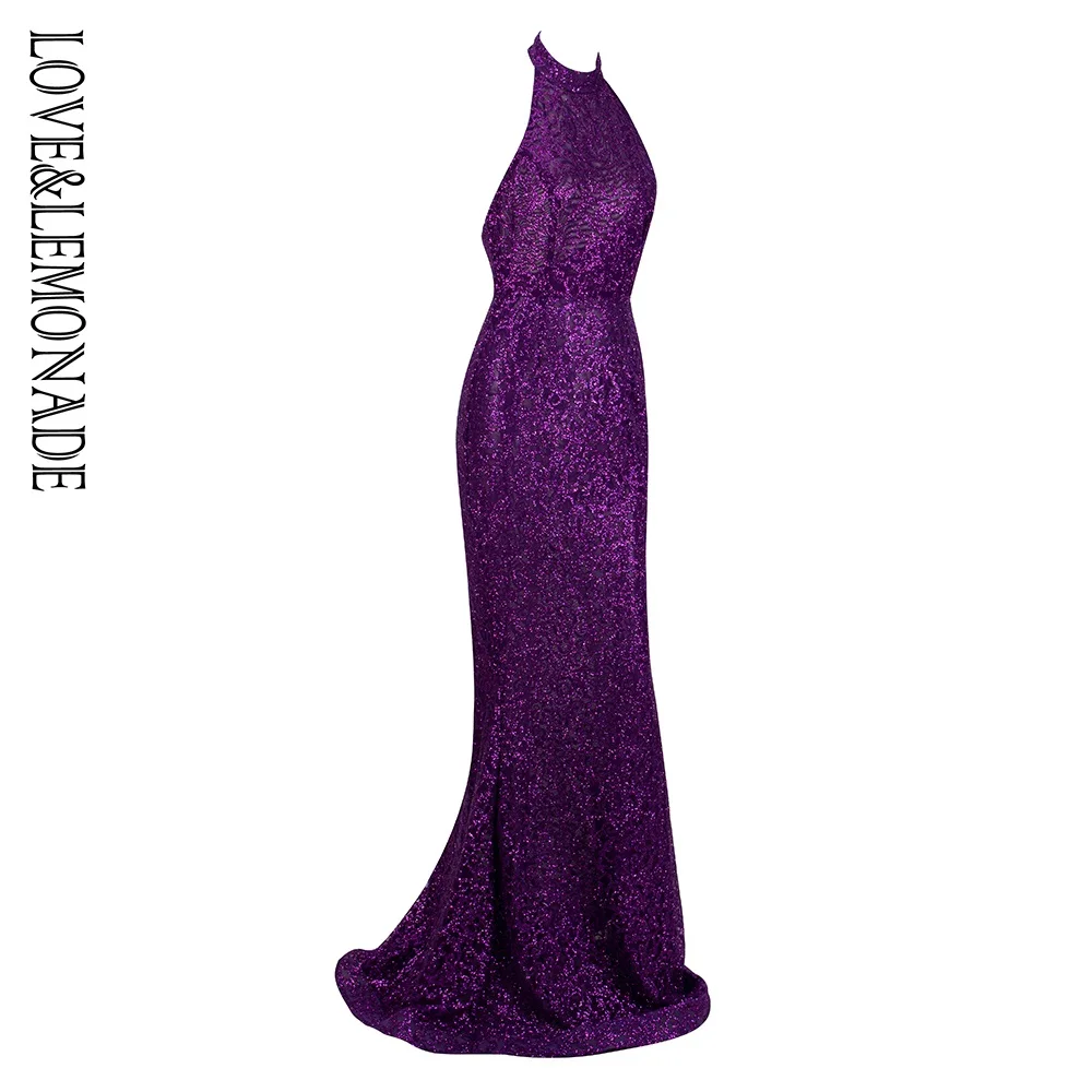 Любовь и лимонада фиолетового цвета с открытой спиной на спине с наклеенными блестками Материал длинное платье LM1205