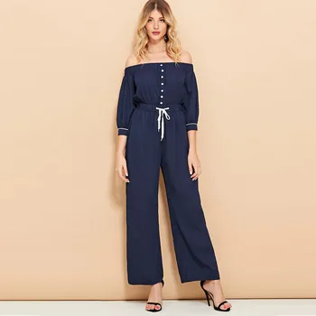 

2019 New Women Off-Shoulder Blue Lace Up Elegant Casual Office Lady Wide Leg Asymmetric Split Jump suits Pants