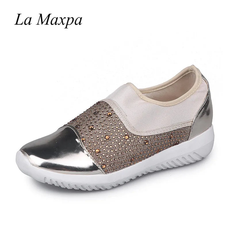 La MaxPa/осенние женские лоферы; удобная повседневная обувь на плоской подошве; женские модные слипоны с кристаллами; дышащие кроссовки размера плюс - Цвет: gold