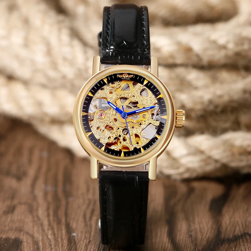 

WINNER Hot Sale Luxury Gold Hollow Case Mechanical Wristwatch Black Genuine Leather Noble Fashion Women's Watch For Gift