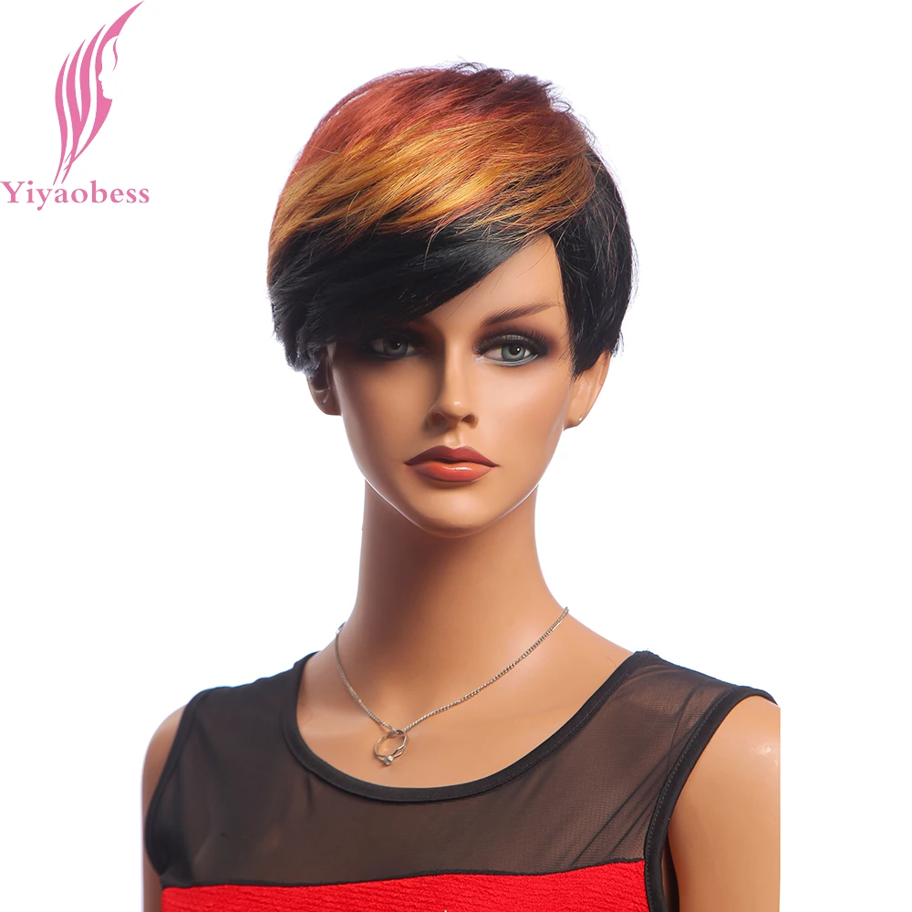 Yiyaobess Synthetic Straight Golden Red Black Ombre Wig Short Hair Wigs