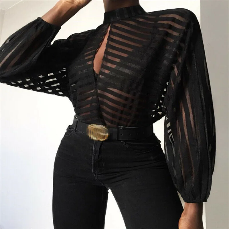 

Trendy Women clothes Hollow out round neck solid T-Shirts Long Sleeve Transparent Polyester Tops one pieces