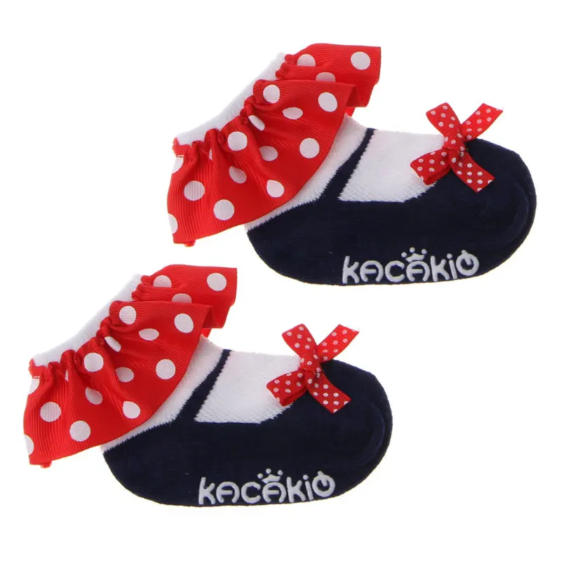 Тапочки в горошек; мягкие Короткие хлопковые носки принцессы с кружевом для новорожденных; милые носки для маленьких девочек - Цвет: dark blue