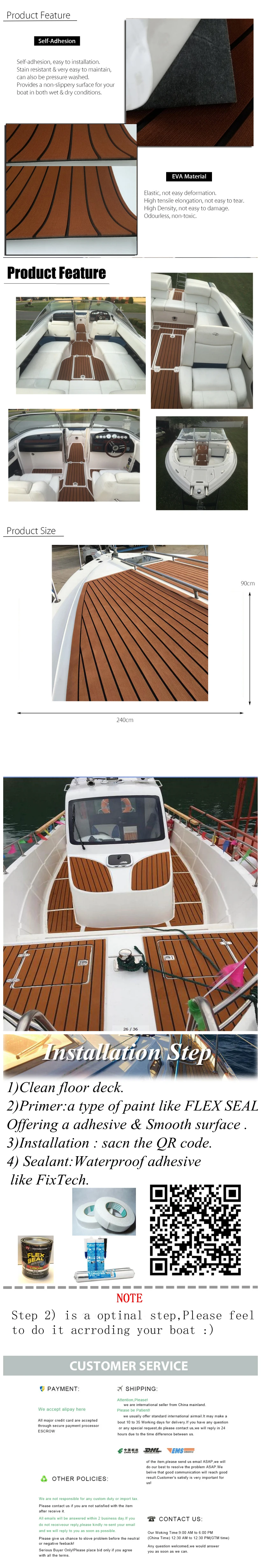 EVA Teak Decking Sheet For Boat Yacht Marine Flooring Carpet With Adhesive 90/120cmX240cm Dark Brown With Black Boat Accessories