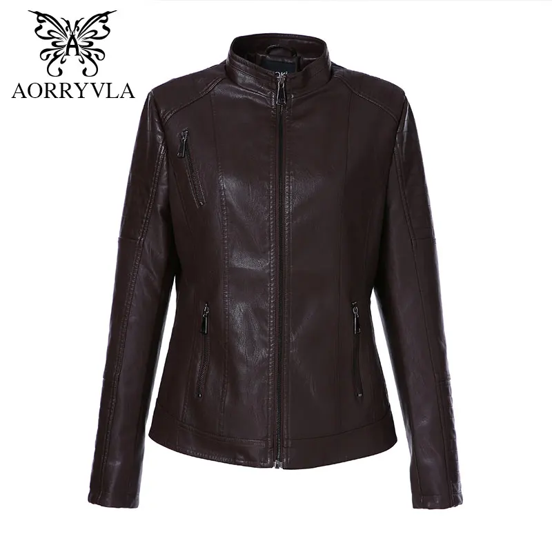 AORRYVLA 2018 Plus Size Women's Washed PU Leather Jacket Short Full Sleeve Mandarin Collar Zipper Regular Lady Basic Jacket