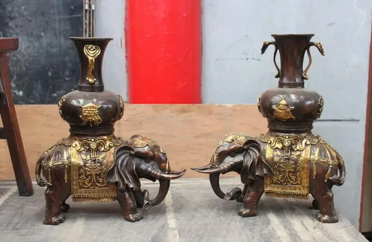 

China Royal Bronze Lucky Elephants Bottle Pot Vase Pair Craft Decoration