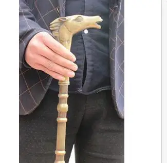 Grandpa Good Lucky Old Folk Chinese Dynasty brass Horse Head auspicious Statue Walking Stick Crosier Brass